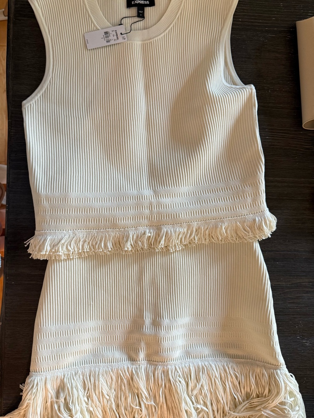 Express Cream Fringe Ribbed skirt set